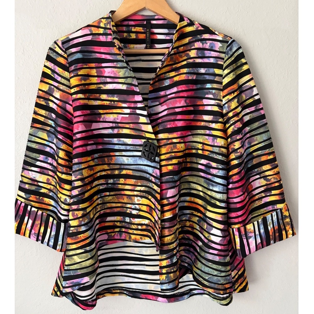 IC by Connie K Womens Floral Stripe Button Front Jacket Size L Art to Wear USA